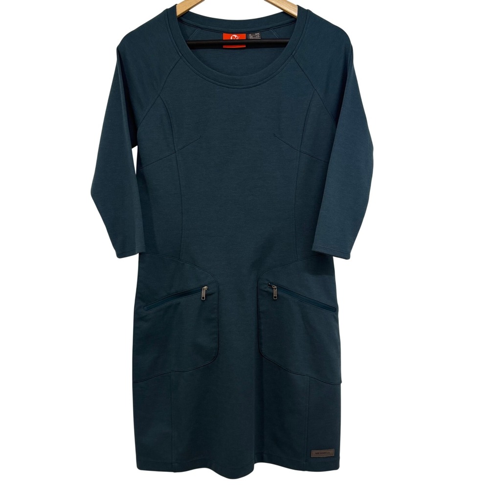 Merrell Women Teal Blue 3/4 Sleeve Zip Pocket Active Travel Shift Dress Size M